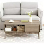 Mesa de centro moderna de mediados de siglo de 39.4 pulgadas con almacenamiento, mesa central rectangular estriada de 2 niveles con cajón, estante abierto y patas de madera para sala de estar