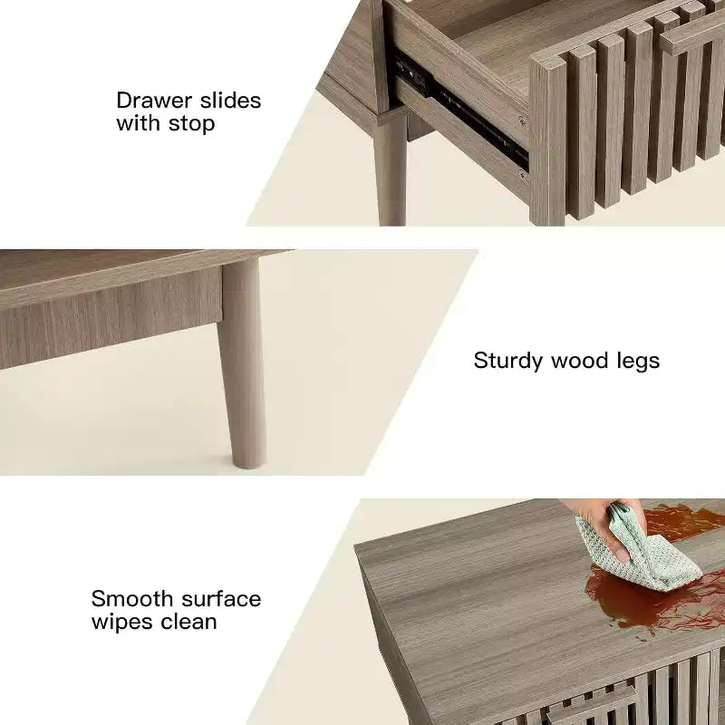 Mesa de centro moderna de mediados de siglo de 39.4 pulgadas con almacenamiento, mesa central rectangular estriada de 2 niveles con cajón, estante abierto y patas de madera para sala de estar