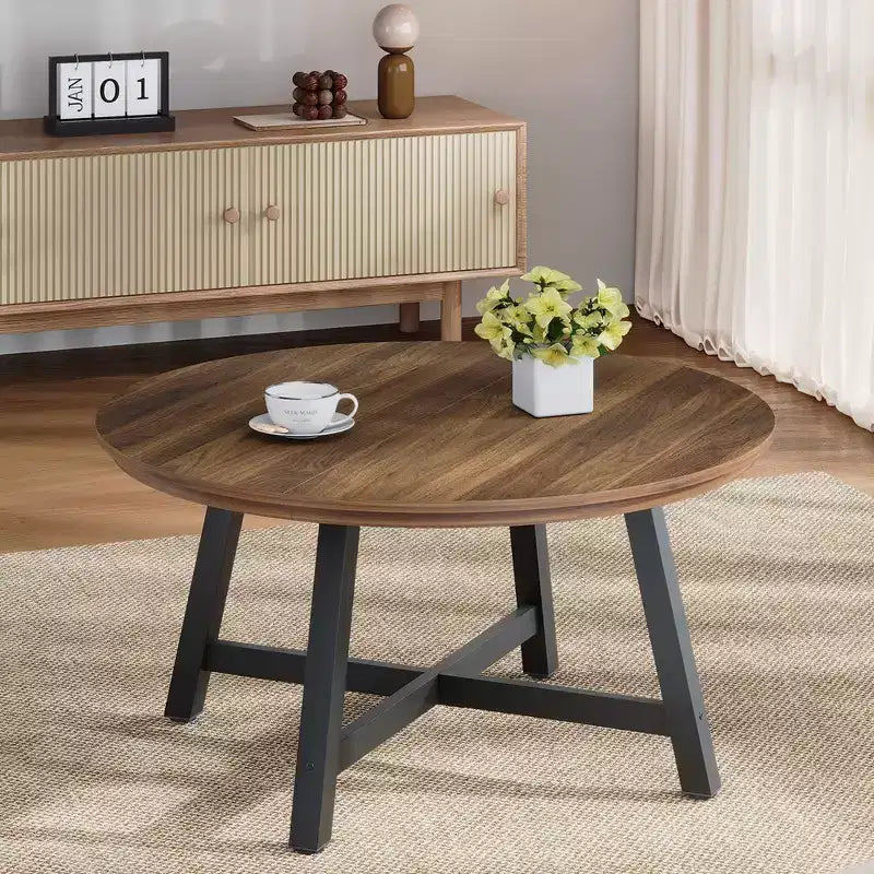 Mesa de centro redonda de 36 pulgadas con tapa de vetas de madera, patas de metal gruesas y pies ajustables, mesa central circular moderna para sala de estar y apartamentos