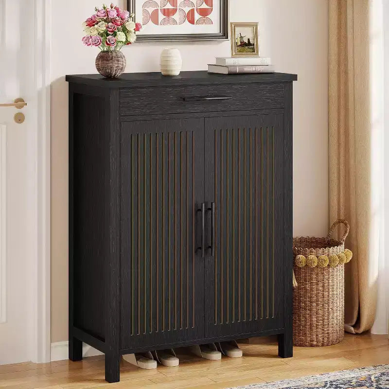Lantine 5-Tier Shoe Storage Cabinet with Louvered Doors and Drawer, Shoe Rack Organizer with Adjustable Shelves for Entryway, Hallway, Closet, Black