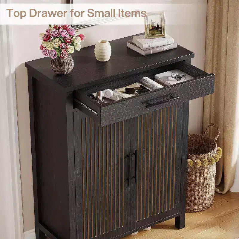 Mueble Zapatero de 5 Niveles Lantine con Puertas Persianas y Cajón, Organizador de Zapatos con Estantes Ajustables para Entrada, Pasillo, Armario, Negro