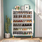 Zapatero Lantine con puertas, zapatero de 6 niveles con estantes ajustables para entrada, pasillo, armario, sala de estar, blanco y dorado