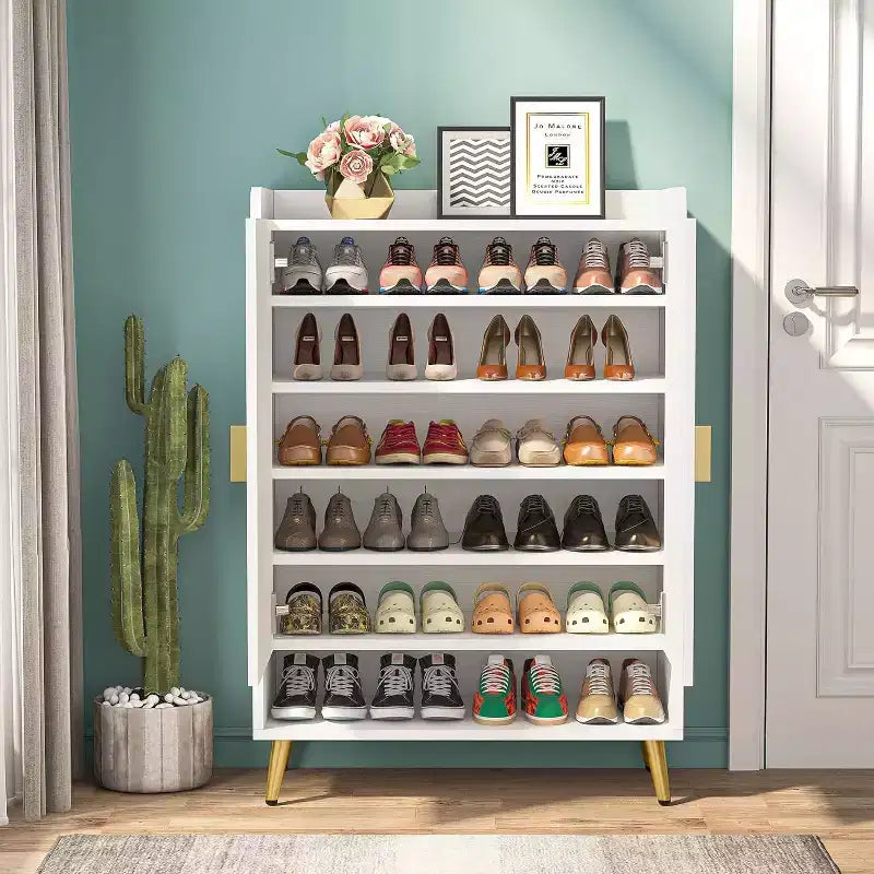 Zapatero Lantine con puertas, zapatero de 6 niveles con estantes ajustables para entrada, pasillo, armario, sala de estar, blanco y dorado