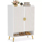 Zapatero Lantine con puertas, zapatero de 6 niveles con estantes ajustables para entrada, pasillo, armario, sala de estar, blanco y dorado
