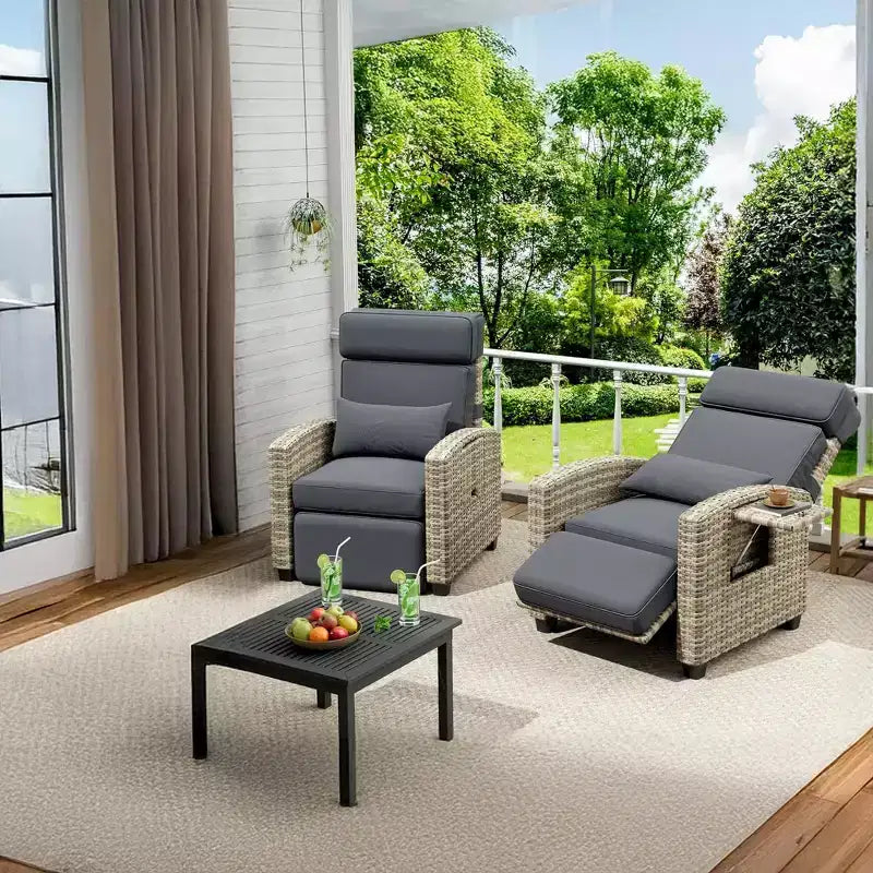 Tumbona reclinable de mimbre para exteriores, reclinable de patio de ratán con bomba de aire, respaldo ajustable, mesa abatible y cojín, se reclina 150 grados