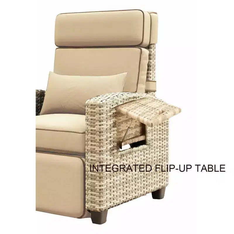 Tumbona reclinable de mimbre para exteriores, reclinable de patio de ratán con bomba de aire, respaldo ajustable, mesa abatible y cojín, se reclina 150 grados