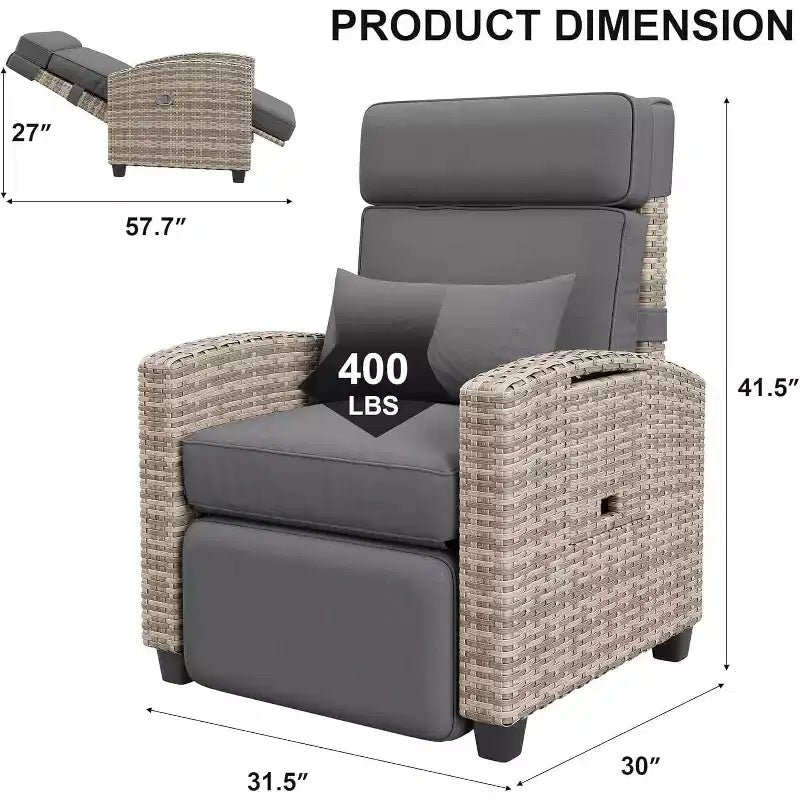 Tumbona reclinable de mimbre para exteriores, reclinable de patio de ratán con bomba de aire, respaldo ajustable, mesa abatible y cojín, se reclina 150 grados