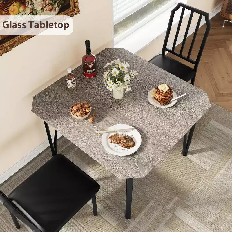 Juego de mesa de comedor para 2 personas con diseño que ahorra espacio, tablero de cristal, asiento tapizado y diseño biselado, adecuado