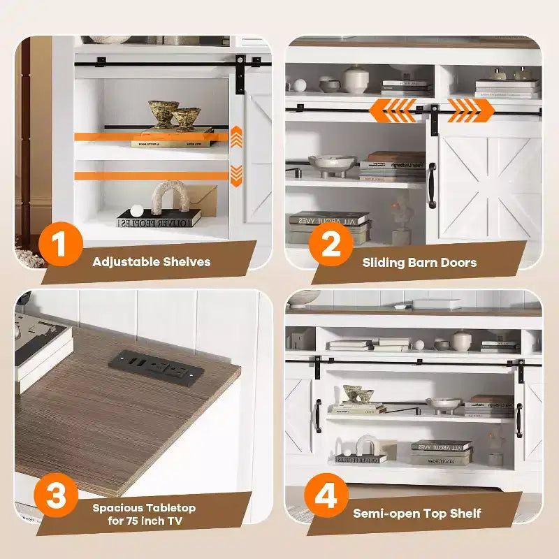 Mueble para TV de granja para televisores de 75 pulgadas con almacenamiento semiabierto, estante ajustable y puertas corredizas, consola multimedia de 66 pulgadas para sala de estar