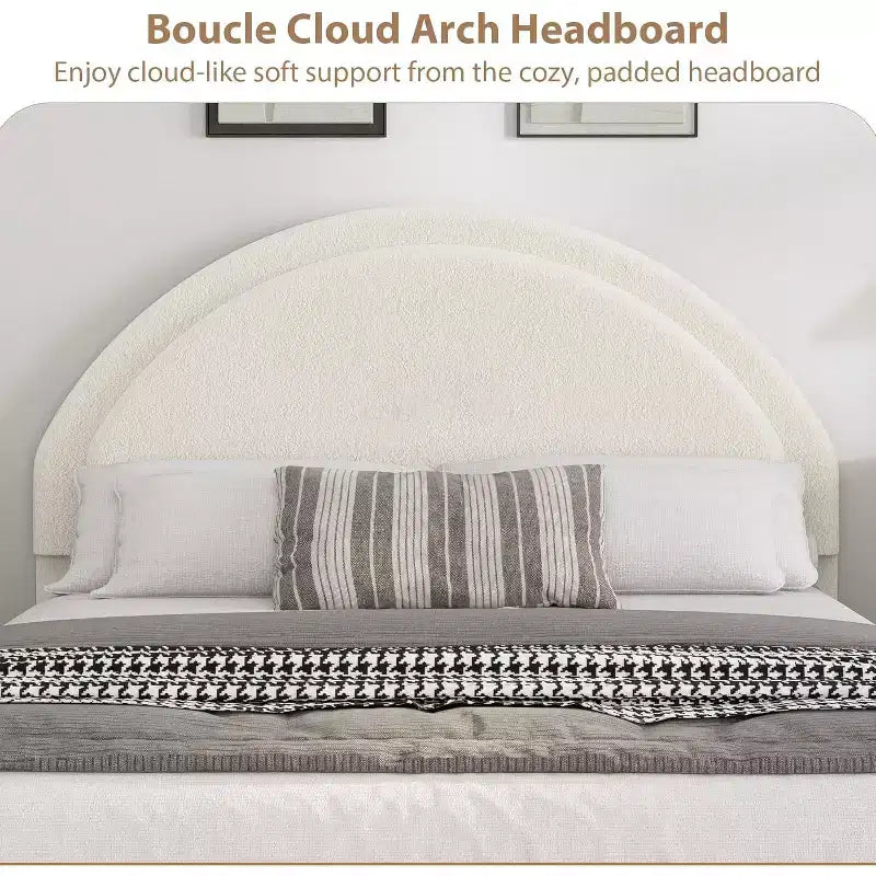 Estructura de cama doble con somier acolchado y plataforma de cabecero de lana de cordero, estructura de cama similar a una nube con esquinas suaves y redondeadas, fácil de montar