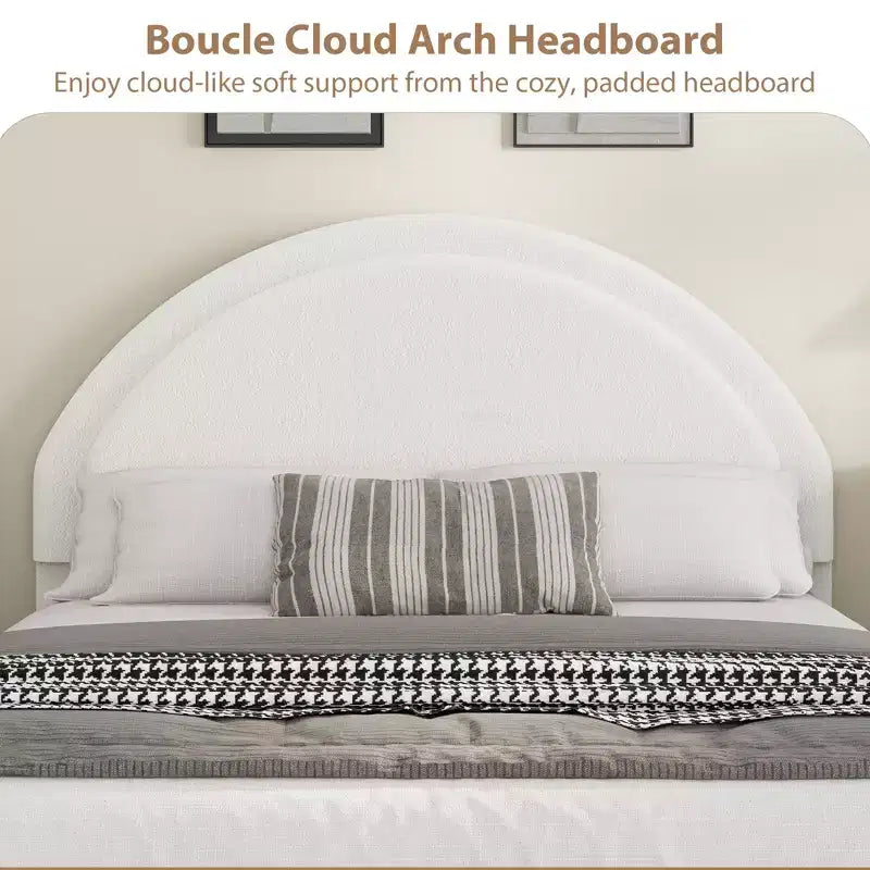 Estructura de cama doble con somier acolchado y plataforma de cabecero de lana de cordero, estructura de cama similar a una nube con esquinas suaves y redondeadas, fácil de montar