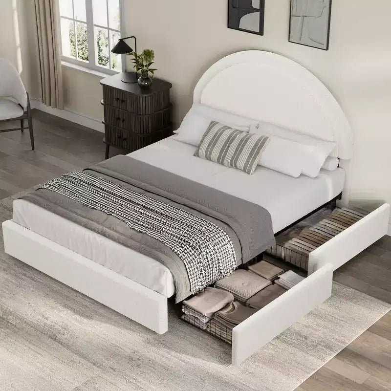 Estructura de cama doble con somier acolchado y plataforma de cabecero de lana de cordero, estructura de cama similar a una nube con esquinas suaves y redondeadas, fácil de montar