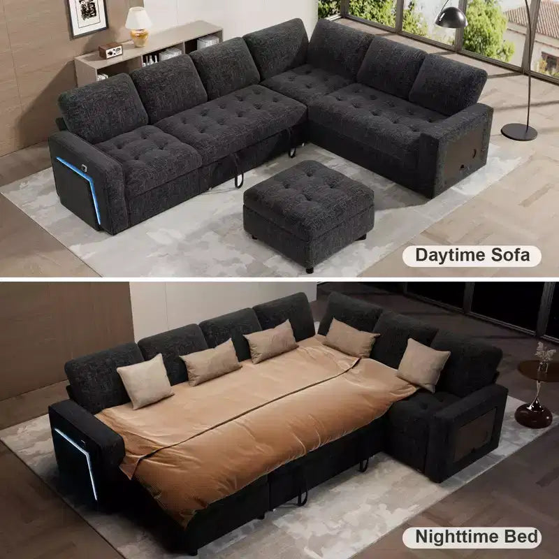 Sofá Cama Modular en Forma de L de 7 Plazas Dyonery con Cama Extraíble, Respaldos Reclinables/Puertos USB/Luz LED/Mesa Auxiliar y Otomana, Chenilla