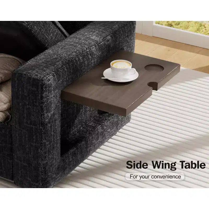 Sofá Cama Modular en Forma de L de 7 Plazas Dyonery con Cama Extraíble, Respaldos Reclinables/Puertos USB/Luz LED/Mesa Auxiliar y Otomana, Chenilla