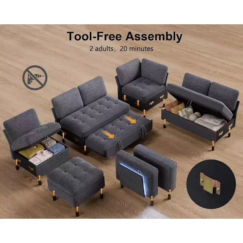 Sofá Cama Modular en Forma de L de 7 Plazas Dyonery con Cama Extraíble, Respaldos Reclinables/Puertos USB/Luz LED/Mesa Auxiliar y Otomana, Chenilla