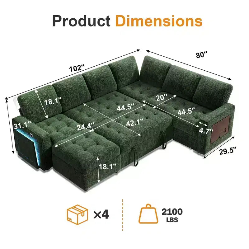 Sofá Cama Modular en Forma de L de 7 Plazas Dyonery con Cama Extraíble, Respaldos Reclinables/Puertos USB/Luz LED/Mesa Auxiliar y Otomana, Chenilla