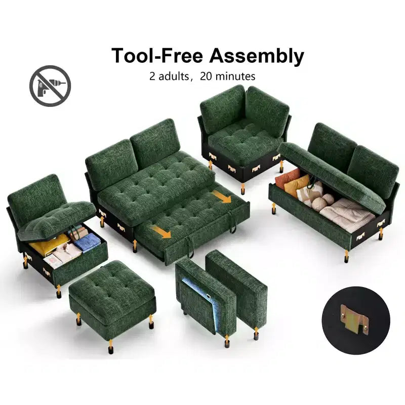 Sofá Cama Modular en Forma de L de 7 Plazas Dyonery con Cama Extraíble, Respaldos Reclinables/Puertos USB/Luz LED/Mesa Auxiliar y Otomana, Chenilla