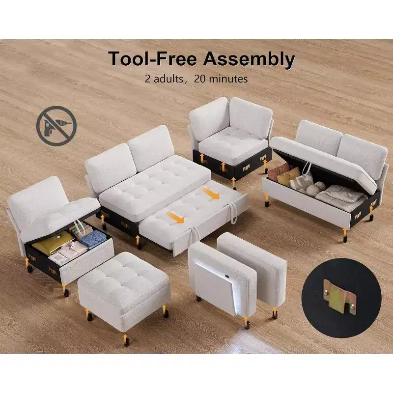 Sofá Cama Modular en Forma de L de 7 Plazas Dyonery con Cama Extraíble, Respaldos Reclinables/Puertos USB/Luz LED/Mesa Auxiliar y Otomana, Chenilla