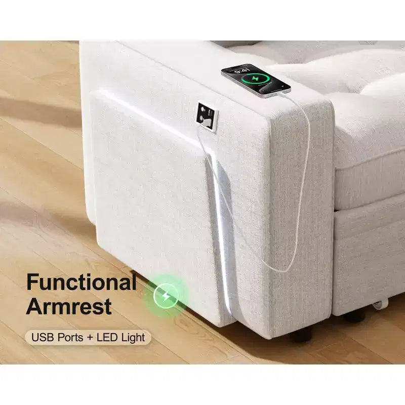 Sofá Cama Modular en Forma de L de 7 Plazas Dyonery con Cama Extraíble, Respaldos Reclinables/Puertos USB/Luz LED/Mesa Auxiliar y Otomana, Chenilla