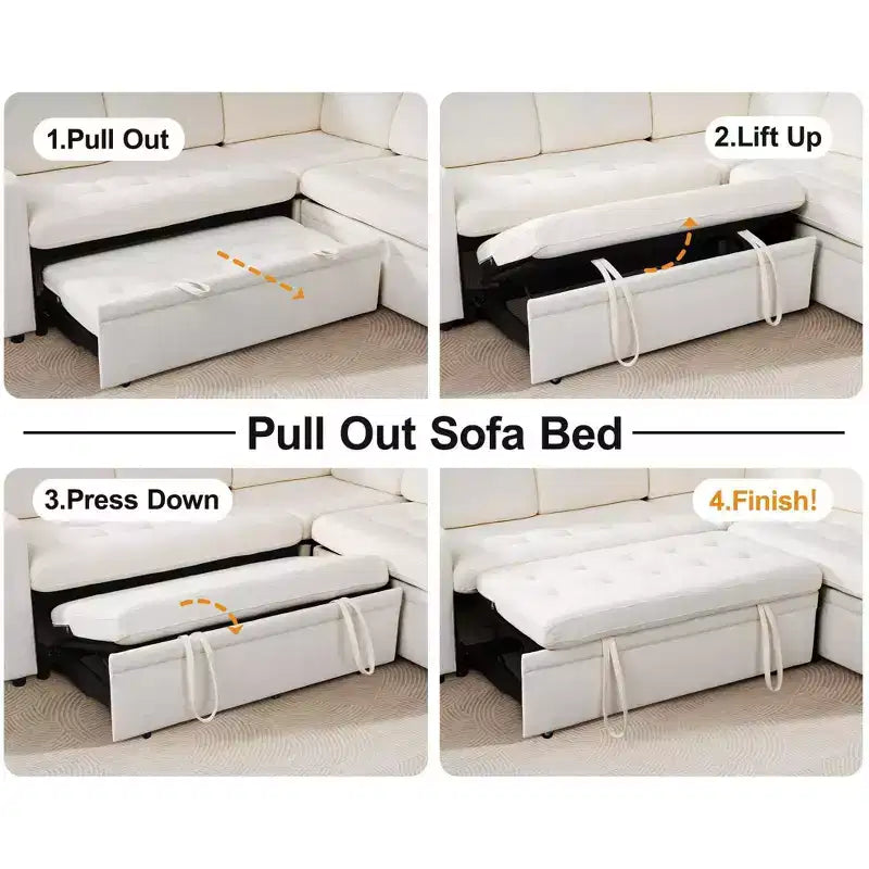 Sofá Cama Modular en Forma de L de 7 Plazas Dyonery con Cama Extraíble, Respaldos Reclinables/Puertos USB/Luz LED/Mesa Auxiliar y Otomana, Chenilla