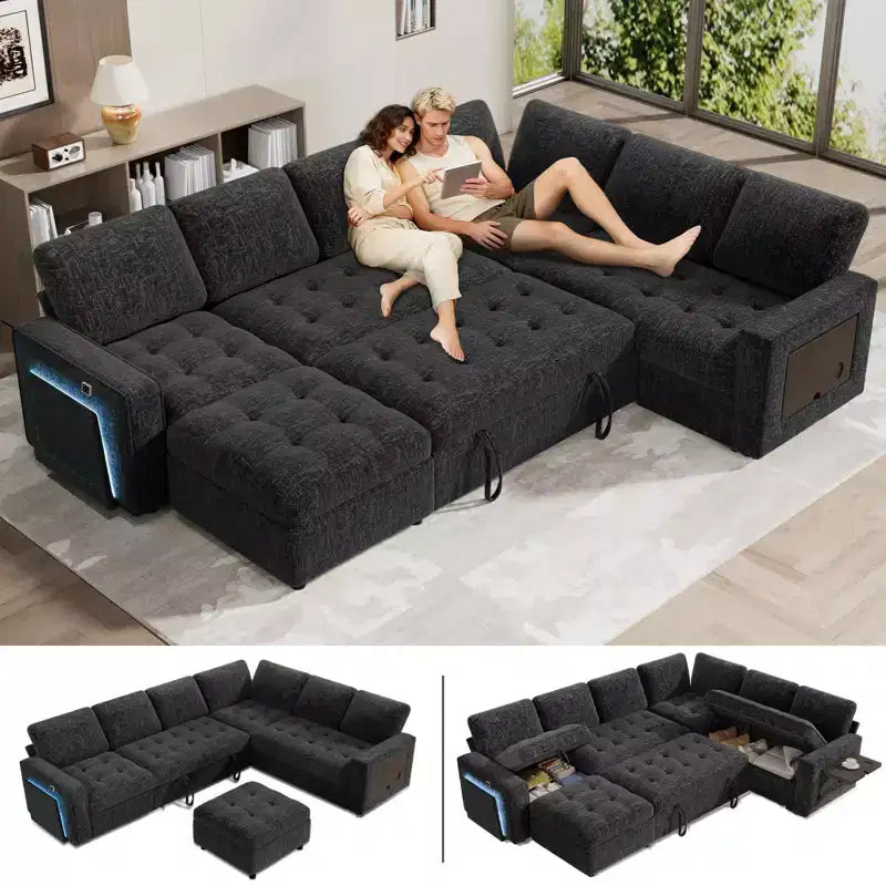 Sofá Cama Modular en Forma de L de 7 Plazas Dyonery con Cama Extraíble, Respaldos Reclinables/Puertos USB/Luz LED/Mesa Auxiliar y Otomana, Chenilla