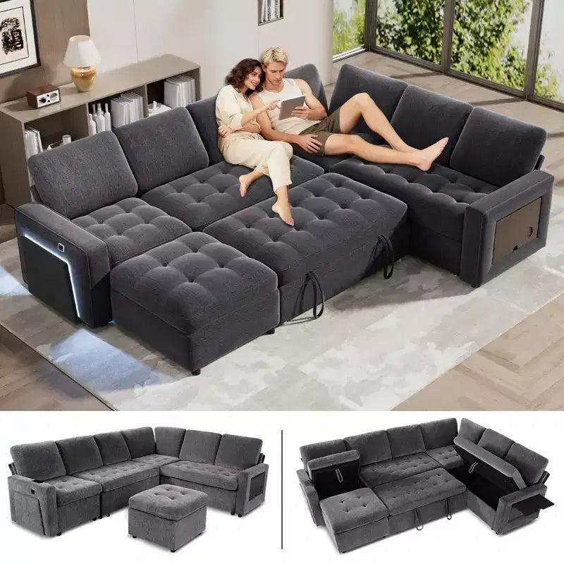 Sofá Cama Modular en Forma de L de 7 Plazas Dyonery con Cama Extraíble, Respaldos Reclinables/Puertos USB/Luz LED/Mesa Auxiliar y Otomana, Chenilla