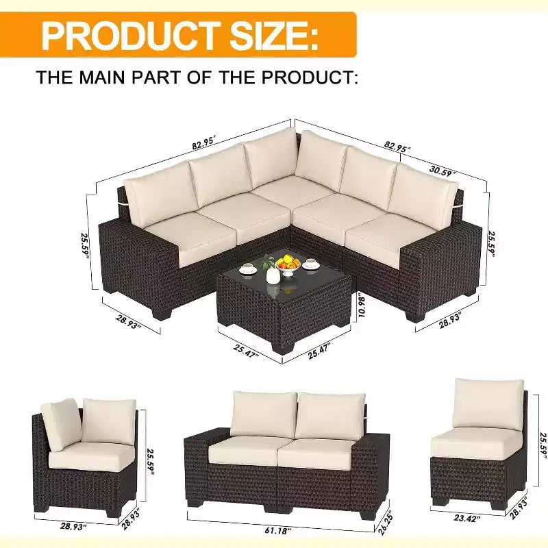 COZONY Juego de patio exterior de 6 piezas, sofá seccional de ratán para todo tipo de clima con mesa de vidrio y cojines para jardín o césped
