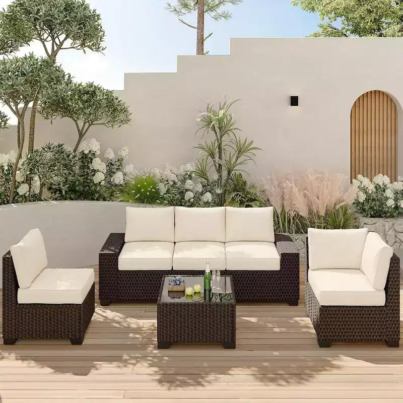 COZONY Juego de patio exterior de 6 piezas, sofá seccional de ratán para todo tipo de clima con mesa de vidrio y cojines para jardín o césped