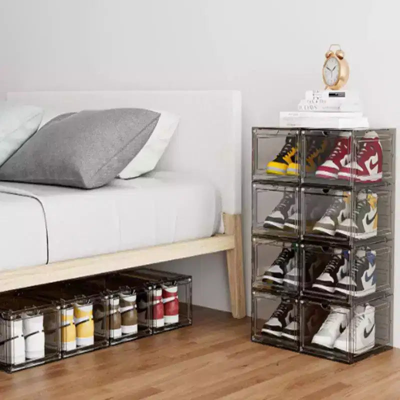 6 PCS Shoe Organizer, Clear Plastic Stackable Shoe Organizer for Closet, Clear Plastic Stackable Shoe Box for Entryway Space Saving Collapsible