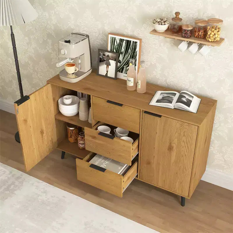 Aparador tipo bufé con almacenaje, mueble de café de madera, consola con 3 cajones y 1 puerta, aparador de cocina natural