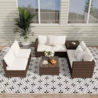 COZONY Juego de Patio Exterior de 8 Piezas, Sofá de Conversación de Ratán PE, Mesa de Cristal, Caja de Almacenamiento, Set de Bistró para Piscina Jardín
