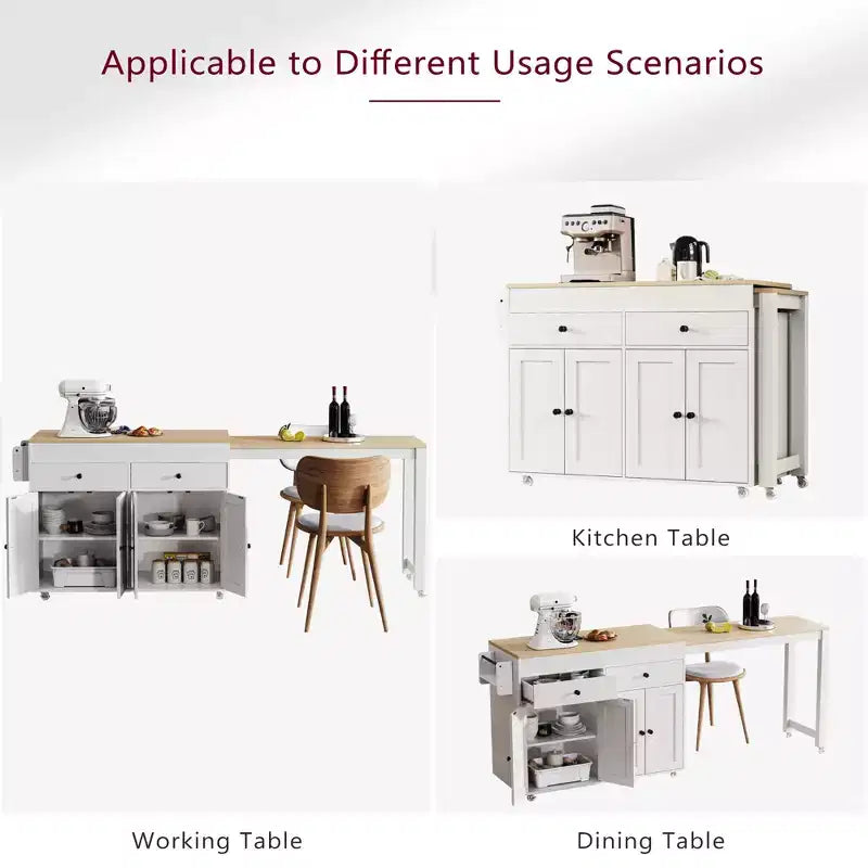 JVNOXK Isla de cocina móvil de 74 pulgadas con ruedas y mesa de comedor extensible, incluye especiero y 2 cajones, adecuada para cocina, blanca