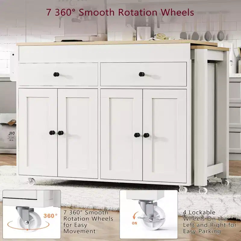 JVNOXK Isla de cocina móvil de 74 pulgadas con ruedas y mesa de comedor extensible, incluye especiero y 2 cajones, adecuada para cocina, blanca