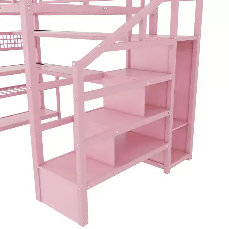 TUYOHW Cama alta de tamaño completo con escalera de almacenamiento y armario, cama alta de metal con escritorio, estantes de almacenamiento, estación de carga y luces LED para adolescentes y adultos