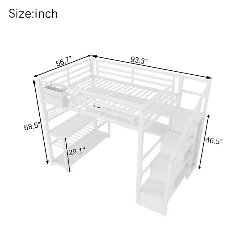 TUYOHW Cama alta de tamaño completo con escalera de almacenamiento y armario, cama alta de metal con escritorio, estantes de almacenamiento, estación de carga y luces LED para adolescentes y adultos
