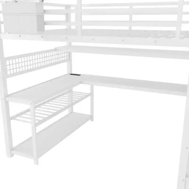 TUYOHW Cama alta de tamaño completo con escalera de almacenamiento y armario, cama alta de metal con escritorio, estantes de almacenamiento, estación de carga y luces LED para adolescentes y adultos