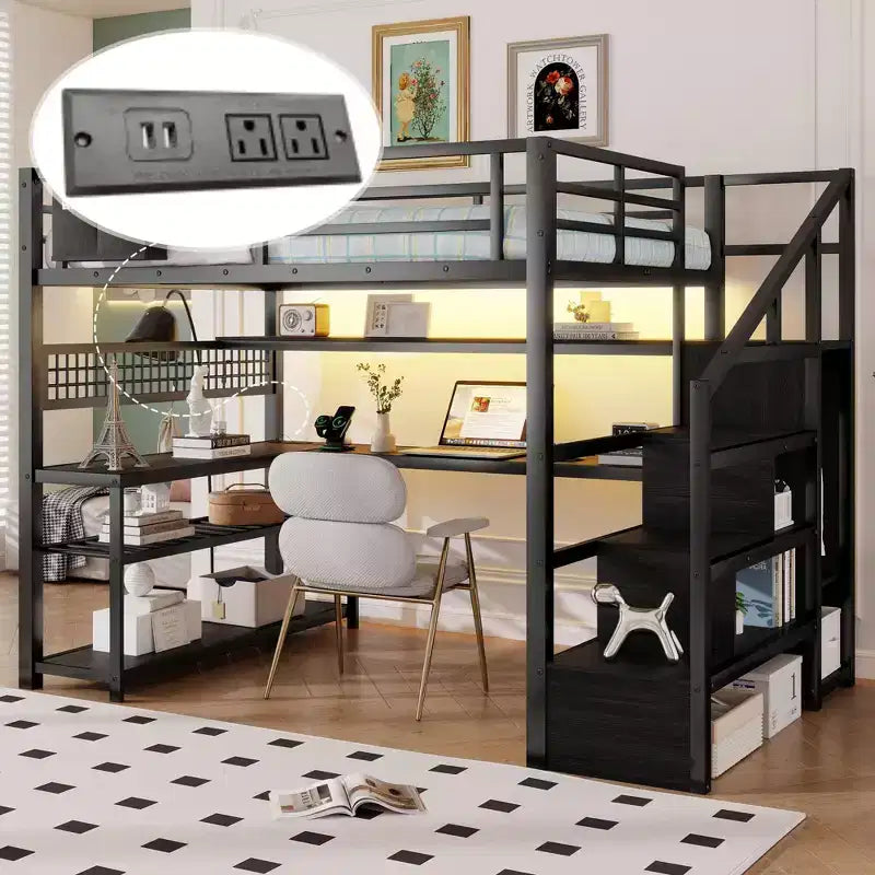 TUYOHW Cama alta de tamaño completo con escalera de almacenamiento y armario, cama alta de metal con escritorio, estantes de almacenamiento, estación de carga y luces LED para adolescentes y adultos