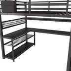 TUYOHW Cama alta de tamaño completo con escalera de almacenamiento y armario, cama alta de metal con escritorio, estantes de almacenamiento, estación de carga y luces LED para adolescentes y adultos