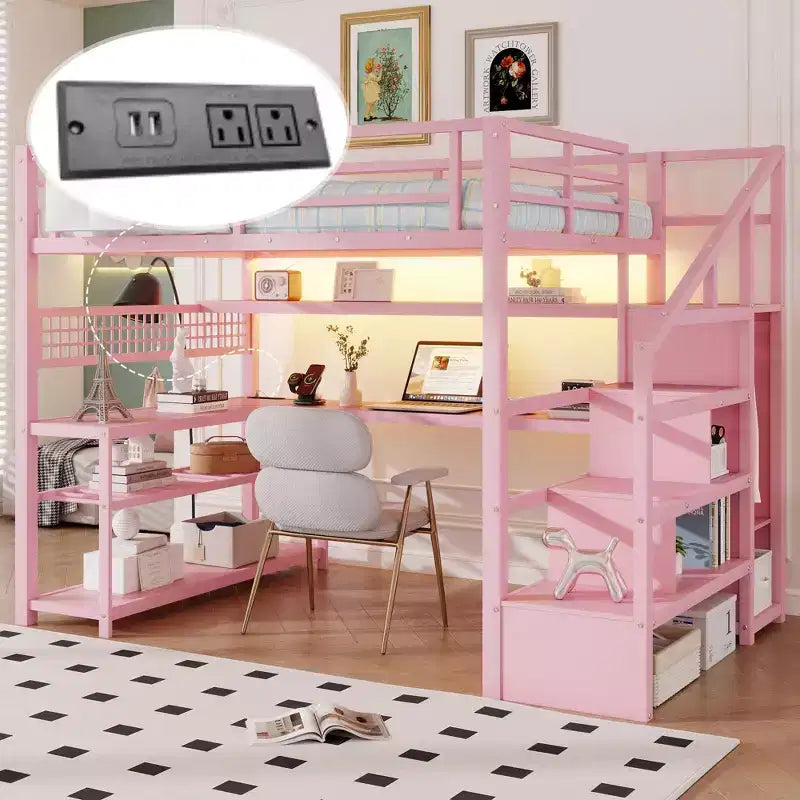 TUYOHW Cama alta de tamaño completo con escalera de almacenamiento y armario, cama alta de metal con escritorio, estantes de almacenamiento, estación de carga y luces LED para adolescentes y adultos
