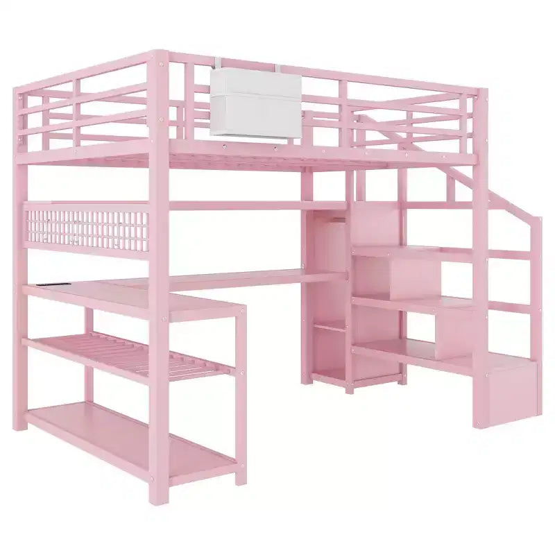 TUYOHW Cama alta de tamaño completo con escalera de almacenamiento y armario, cama alta de metal con escritorio, estantes de almacenamiento, estación de carga y luces LED para adolescentes y adultos