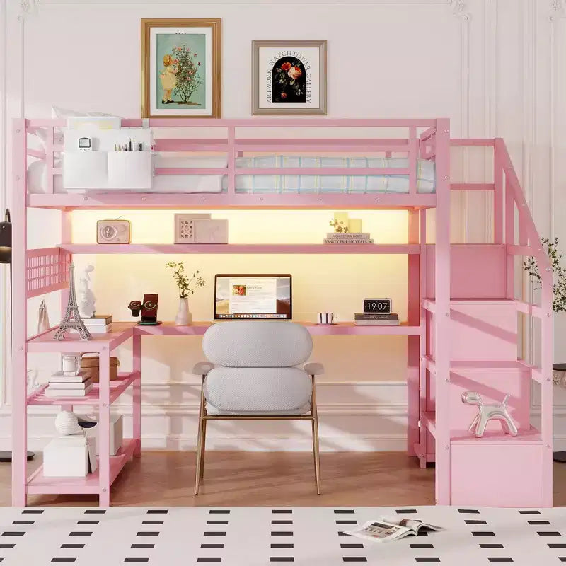TUYOHW Cama alta de tamaño completo con escalera de almacenamiento y armario, cama alta de metal con escritorio, estantes de almacenamiento, estación de carga y luces LED para adolescentes y adultos