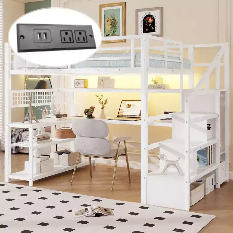 TUYOHW Cama alta de tamaño completo con escalera de almacenamiento y armario, cama alta de metal con escritorio, estantes de almacenamiento, estación de carga y luces LED para adolescentes y adultos