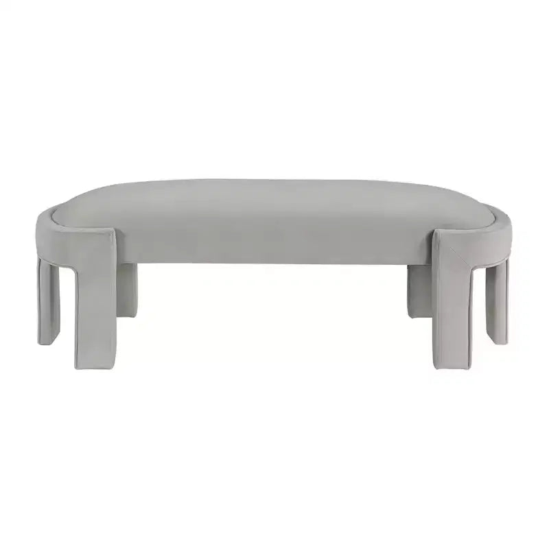 Banco tapizado de tela de terciopelo moderno y elegante Okak con estructura de madera contrachapada, otomana ovalada de lujo cómoda para dormitorio, recibidor