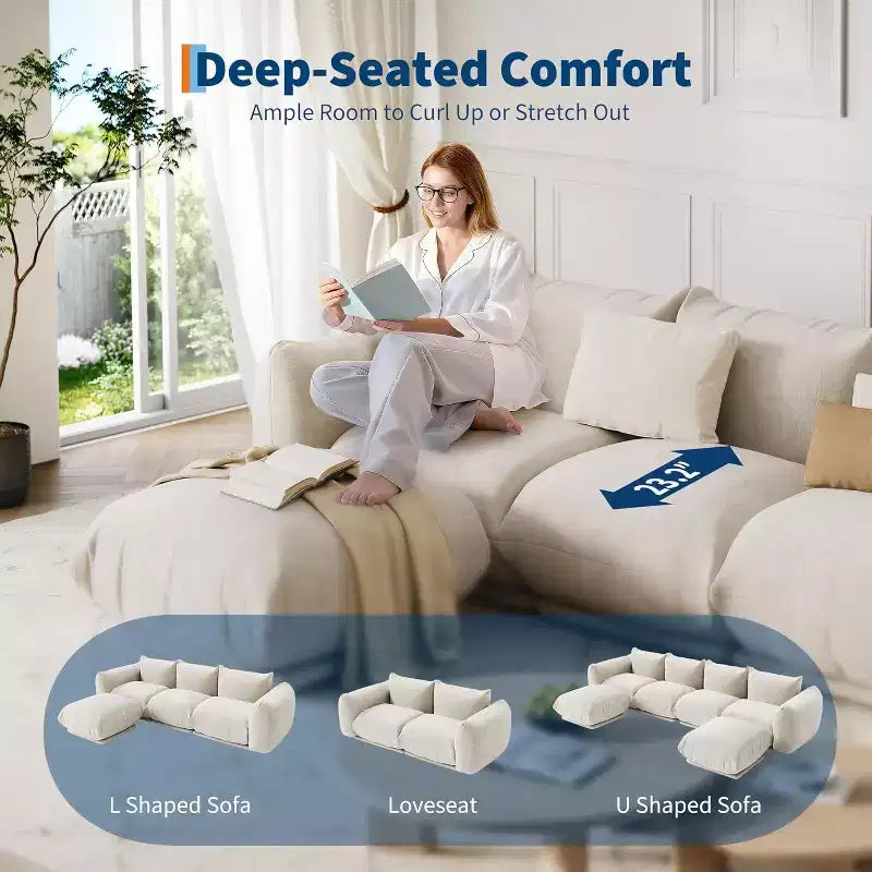 Seccional de sofá nube extragrande: Sofá modular en forma de U de chenilla, diseño de asiento profundo sin estructura