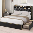 Acekool Upholstered Platform Bed Frame with 2-Tier Storage Headboard and 4 Drawers, Black Velvet