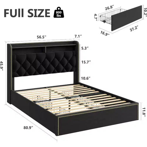 Acekool Base de Cama Tapizada con Cabecero de Almacenamiento de 2 Niveles y 4 Cajones, Terciopelo Negro