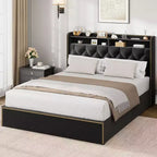 Acekool Base de Cama Tapizada con Cabecero de Almacenamiento de 2 Niveles y 4 Cajones, Terciopelo Negro