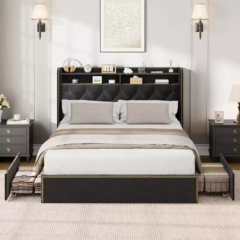 Acekool Base de Cama Tapizada con Cabecero de Almacenamiento de 2 Niveles y 4 Cajones, Terciopelo Negro