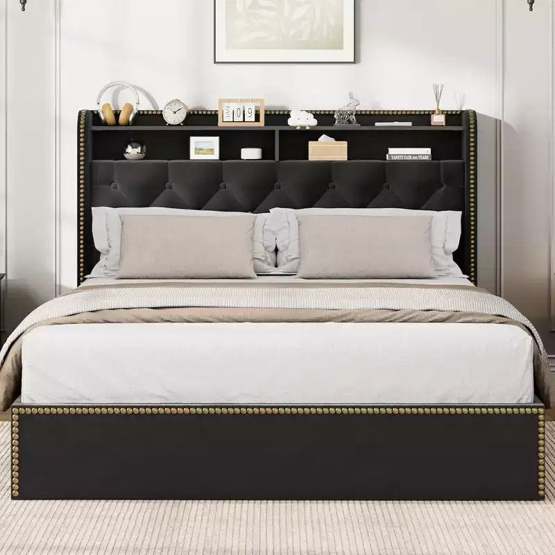 Acekool Base de Cama Tapizada con Cabecero de Almacenamiento de 2 Niveles y 4 Cajones, Terciopelo Negro