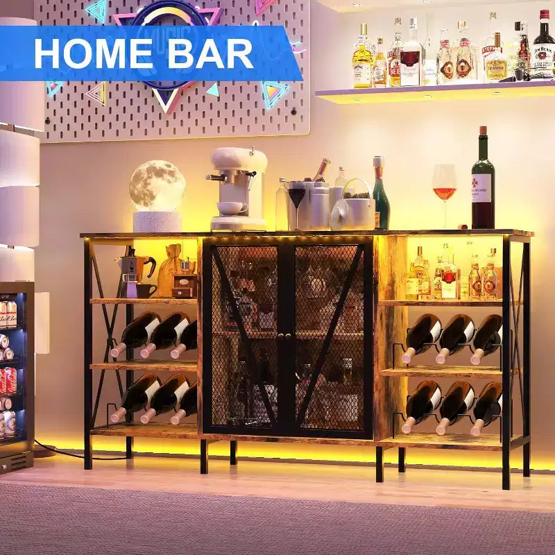 Acekool - Armario de bar industrial, aparador con botellero y estantes de almacenamiento para comedor o sala de estar